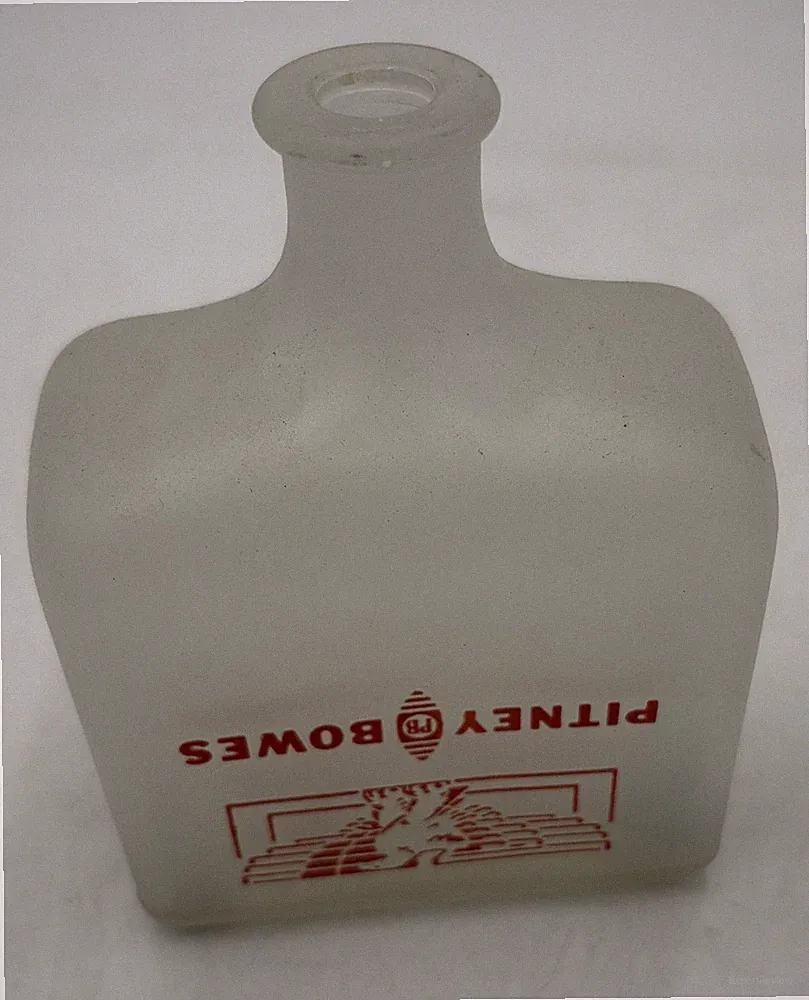 VINTAGE PITNEY BOWES FROSTED GLASS INK JAR OILER WITH MARBLE STOPPER